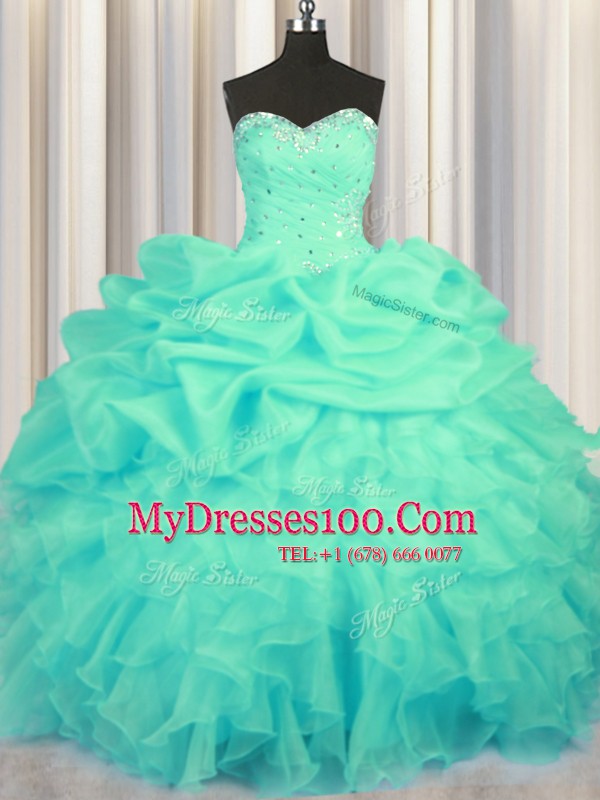 Chic Pick Ups Floor Length Ball Gowns Sleeveless Turquoise Quinceanera Gown Lace Up