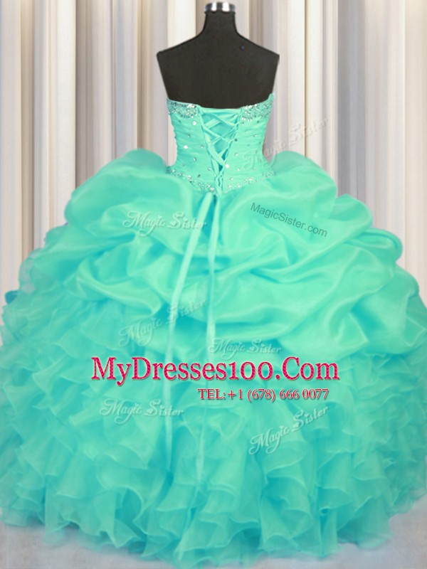 Chic Pick Ups Floor Length Ball Gowns Sleeveless Turquoise Quinceanera Gown Lace Up
