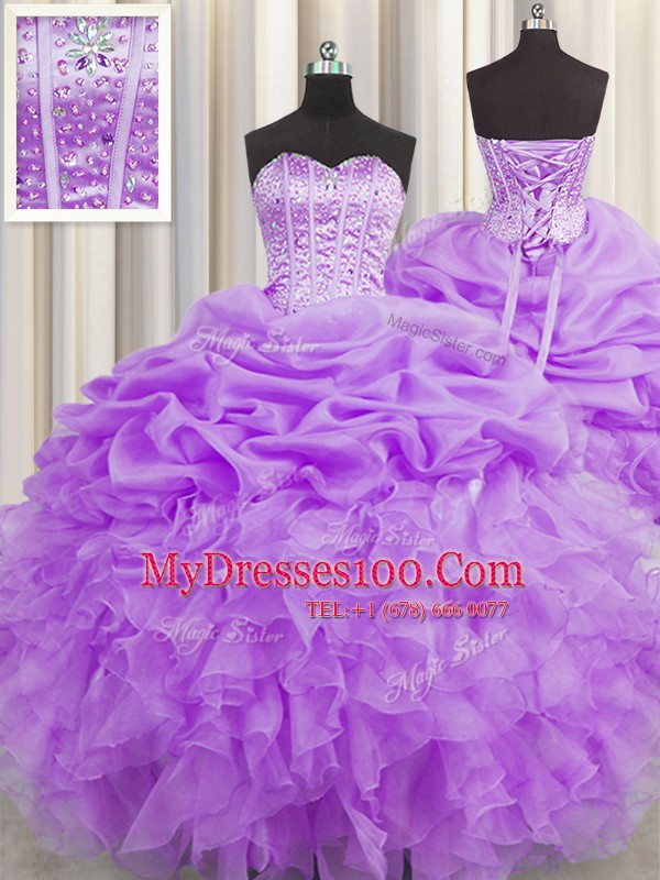 Visible Boning Organza Sweetheart Sleeveless Lace Up Beading and Ruffles and Pick Ups Quinceanera Dress in Lilac