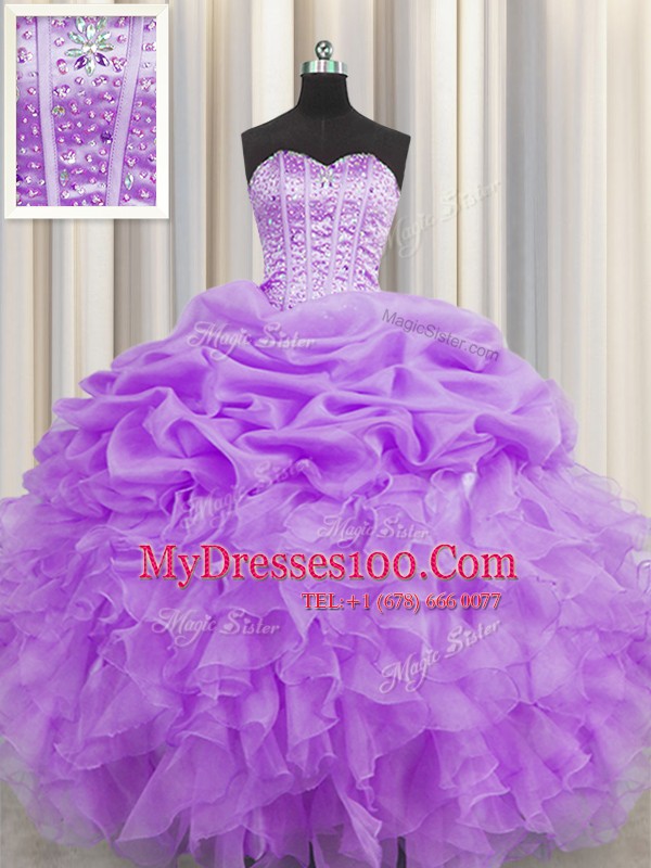 Visible Boning Organza Sweetheart Sleeveless Lace Up Beading and Ruffles and Pick Ups Quinceanera Dress in Lilac
