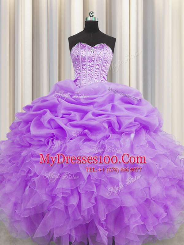 Visible Boning Organza Sweetheart Sleeveless Lace Up Beading and Ruffles and Pick Ups Quinceanera Dress in Lilac