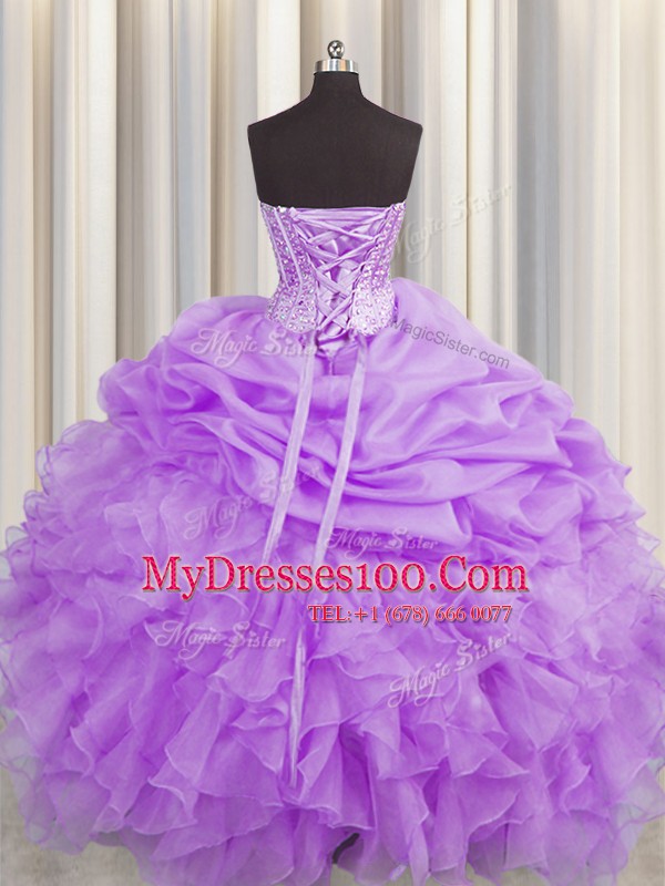 Visible Boning Organza Sweetheart Sleeveless Lace Up Beading and Ruffles and Pick Ups Quinceanera Dress in Lilac