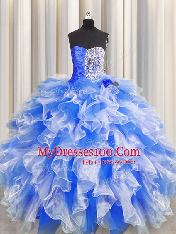 New Style Floor Length Ball Gowns Sleeveless Blue And White Sweet 16 Dress Lace Up