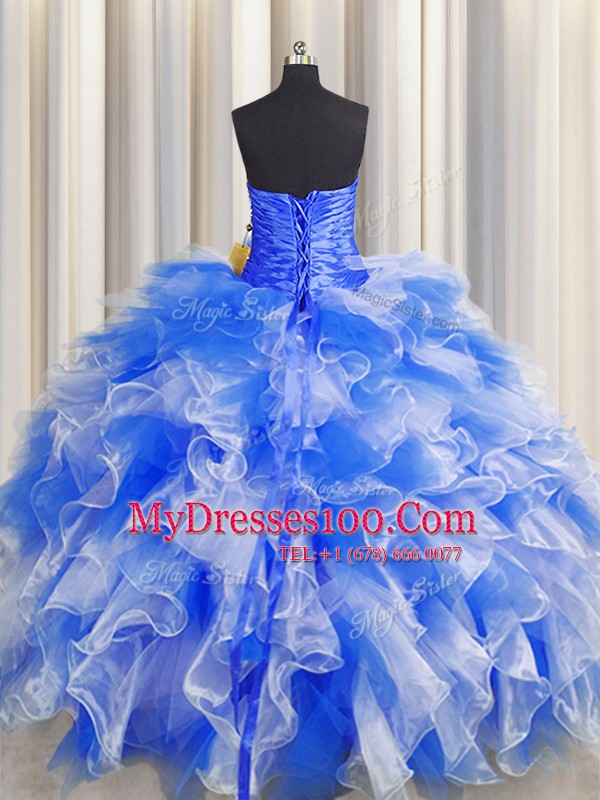 New Style Floor Length Ball Gowns Sleeveless Blue And White Sweet 16 Dress Lace Up