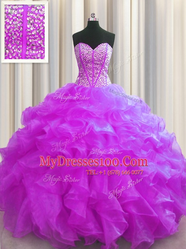 Visible Boning Floor Length Fuchsia Quinceanera Gowns Sweetheart Sleeveless Lace Up