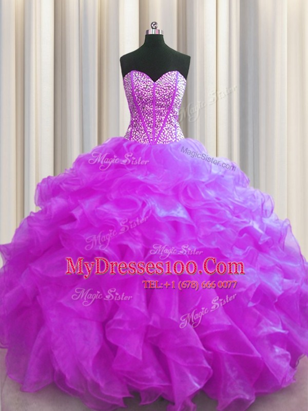Visible Boning Floor Length Fuchsia Quinceanera Gowns Sweetheart Sleeveless Lace Up