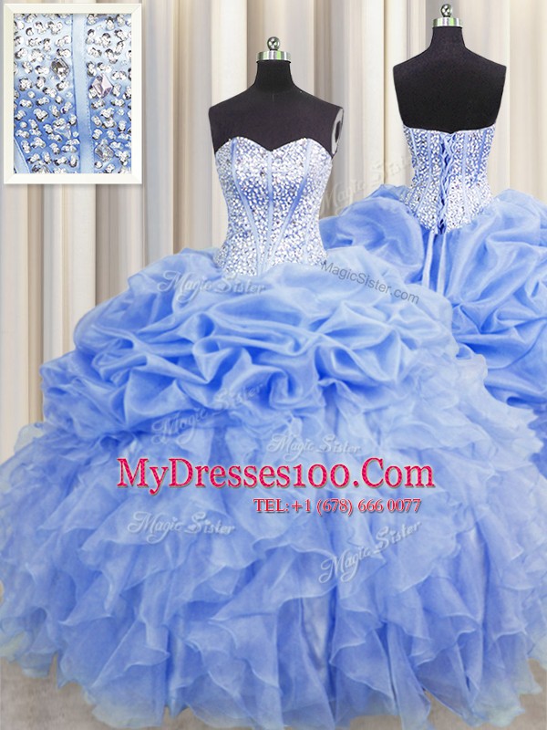 On Sale Visible Boning Baby Blue Ball Gowns Organza Sweetheart Sleeveless Ruffles and Pick Ups Floor Length Lace Up Sweet 16 Dress