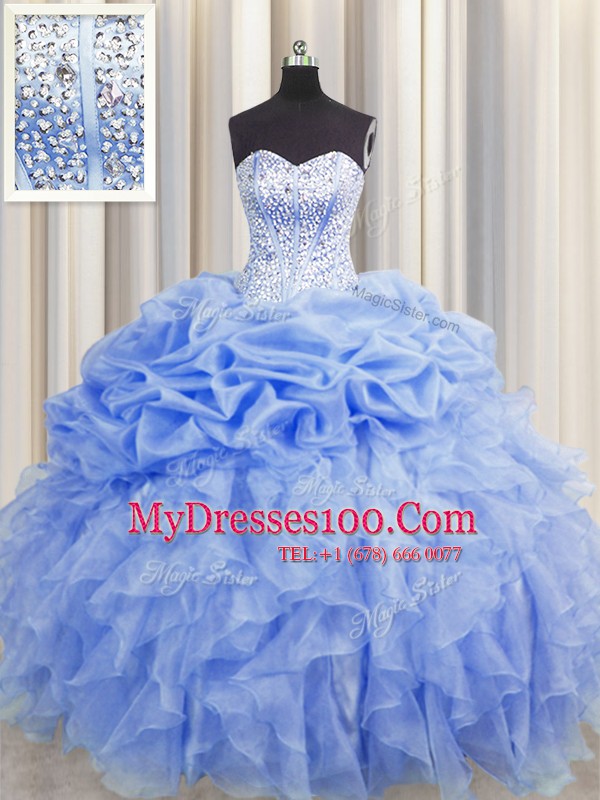 On Sale Visible Boning Baby Blue Ball Gowns Organza Sweetheart Sleeveless Ruffles and Pick Ups Floor Length Lace Up Sweet 16 Dress
