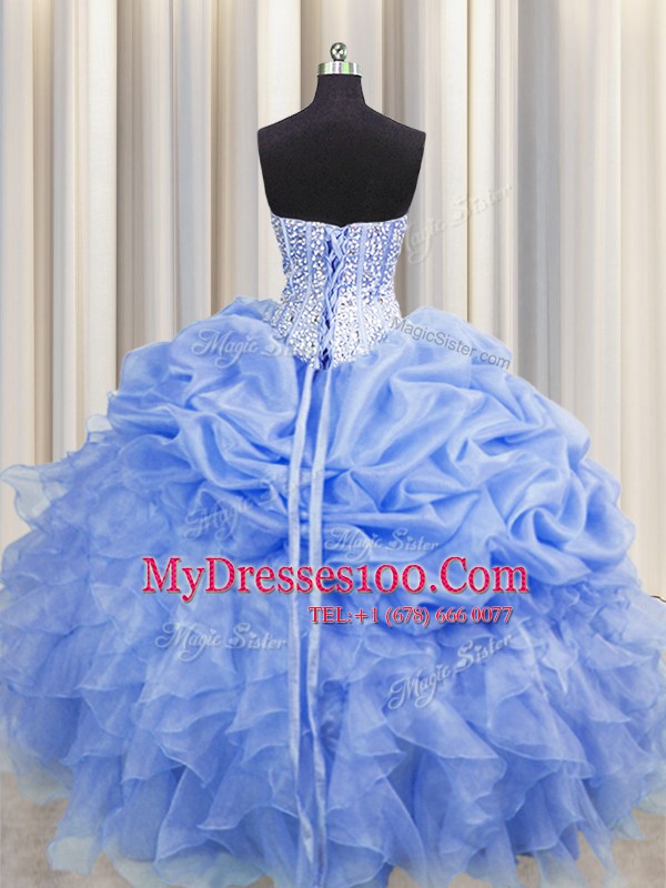On Sale Visible Boning Baby Blue Ball Gowns Organza Sweetheart Sleeveless Ruffles and Pick Ups Floor Length Lace Up Sweet 16 Dress