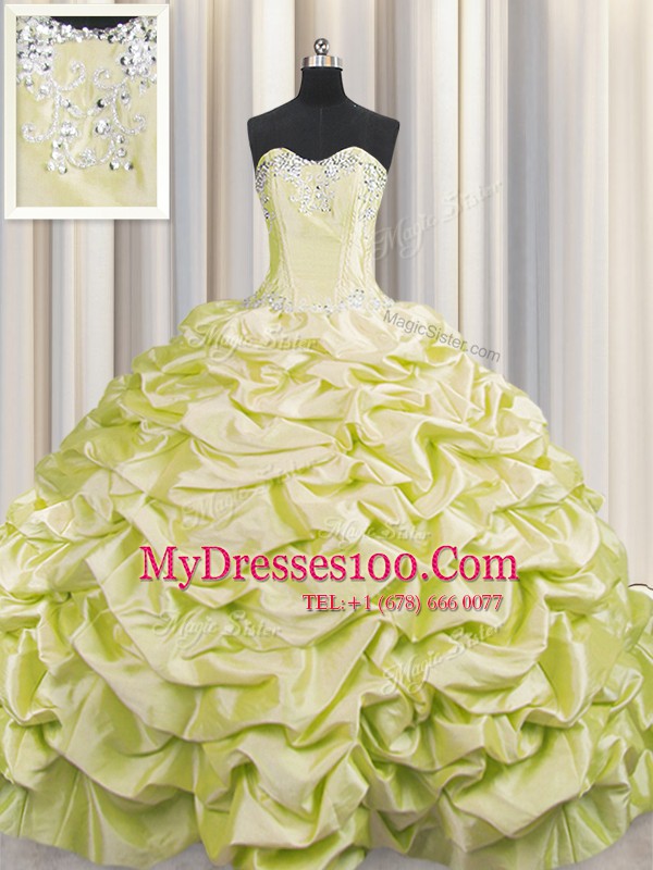 Exquisite Brush Train Light Yellow Taffeta Lace Up Quinceanera Gowns Sleeveless Sweep Train Beading and Pick Ups