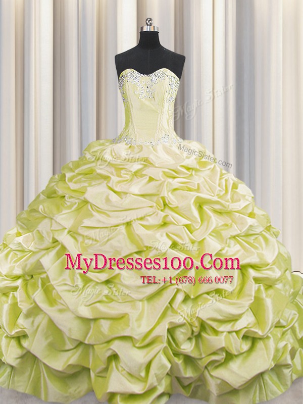 Exquisite Brush Train Light Yellow Taffeta Lace Up Quinceanera Gowns Sleeveless Sweep Train Beading and Pick Ups