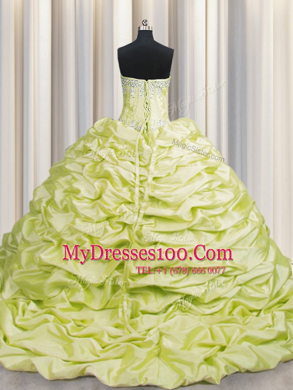 Exquisite Brush Train Light Yellow Taffeta Lace Up Quinceanera Gowns Sleeveless Sweep Train Beading and Pick Ups