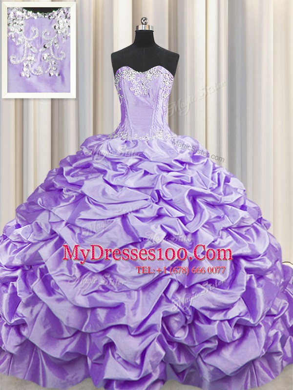 Best Selling Brush Train Lavender Sweetheart Neckline Beading and Pick Ups Quince Ball Gowns Sleeveless Lace Up