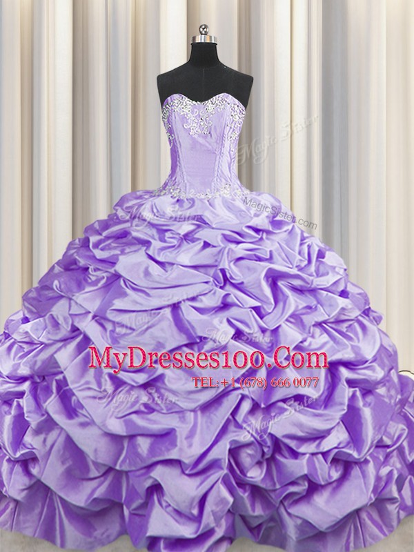 Best Selling Brush Train Lavender Sweetheart Neckline Beading and Pick Ups Quince Ball Gowns Sleeveless Lace Up