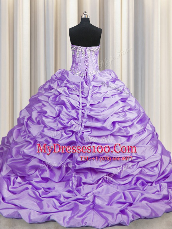 Best Selling Brush Train Lavender Sweetheart Neckline Beading and Pick Ups Quince Ball Gowns Sleeveless Lace Up