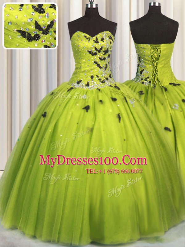 Olive Green Lace Up Quinceanera Dress Beading and Appliques Sleeveless Floor Length
