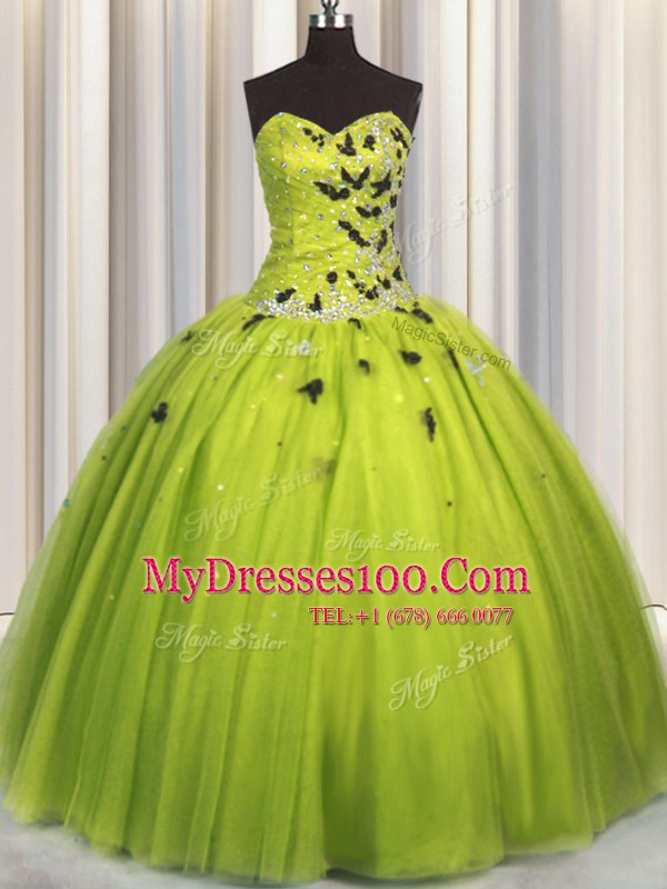 Olive Green Lace Up Quinceanera Dress Beading and Appliques Sleeveless Floor Length