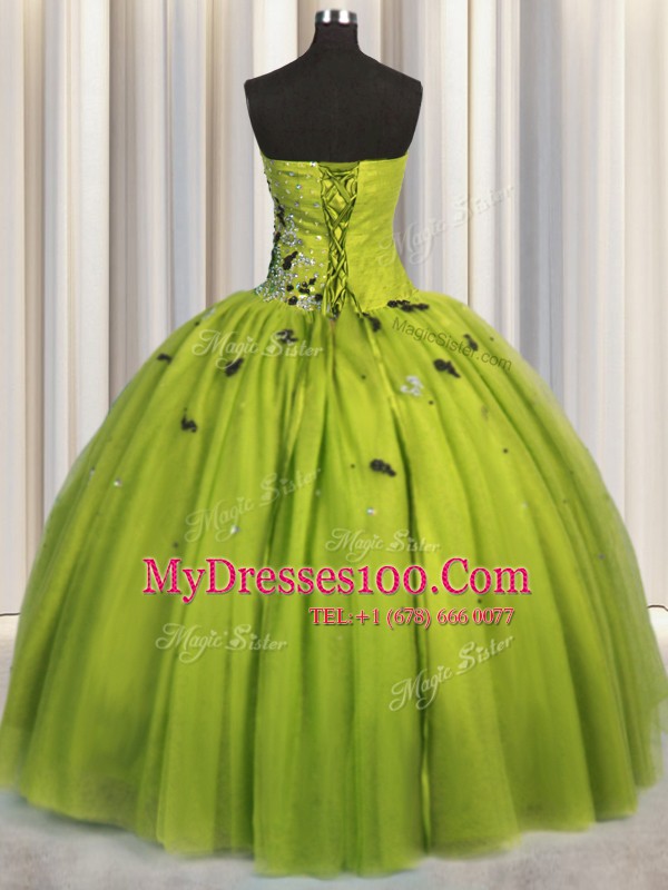 Olive Green Lace Up Quinceanera Dress Beading and Appliques Sleeveless Floor Length