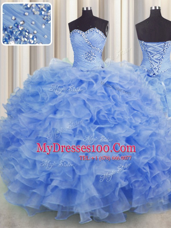Floor Length Blue 15 Quinceanera Dress Organza Sleeveless Beading and Ruffles