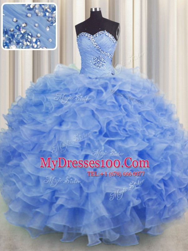 Floor Length Blue 15 Quinceanera Dress Organza Sleeveless Beading and Ruffles