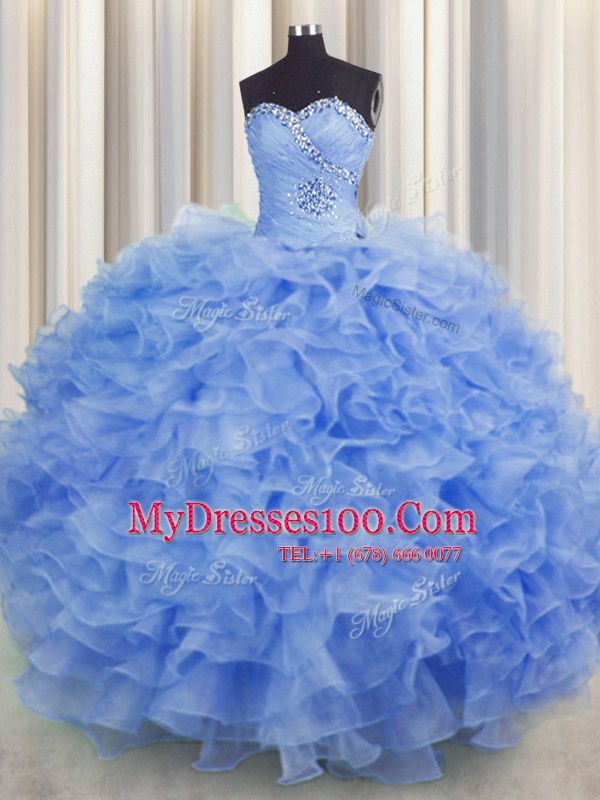 Floor Length Blue 15 Quinceanera Dress Organza Sleeveless Beading and Ruffles