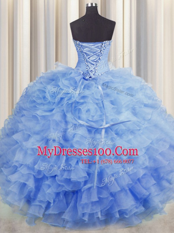 Floor Length Blue 15 Quinceanera Dress Organza Sleeveless Beading and Ruffles