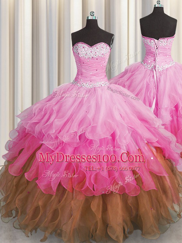 Sequins Ruffled Floor Length Multi-color Ball Gown Prom Dress Sweetheart Sleeveless Lace Up