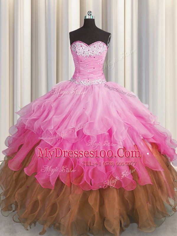 Sequins Ruffled Floor Length Multi-color Ball Gown Prom Dress Sweetheart Sleeveless Lace Up