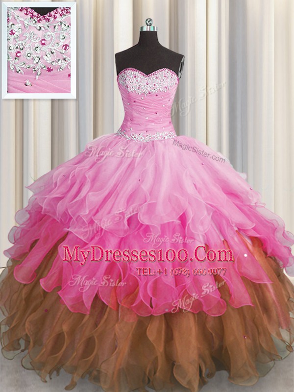Sequins Ruffled Floor Length Multi-color Ball Gown Prom Dress Sweetheart Sleeveless Lace Up