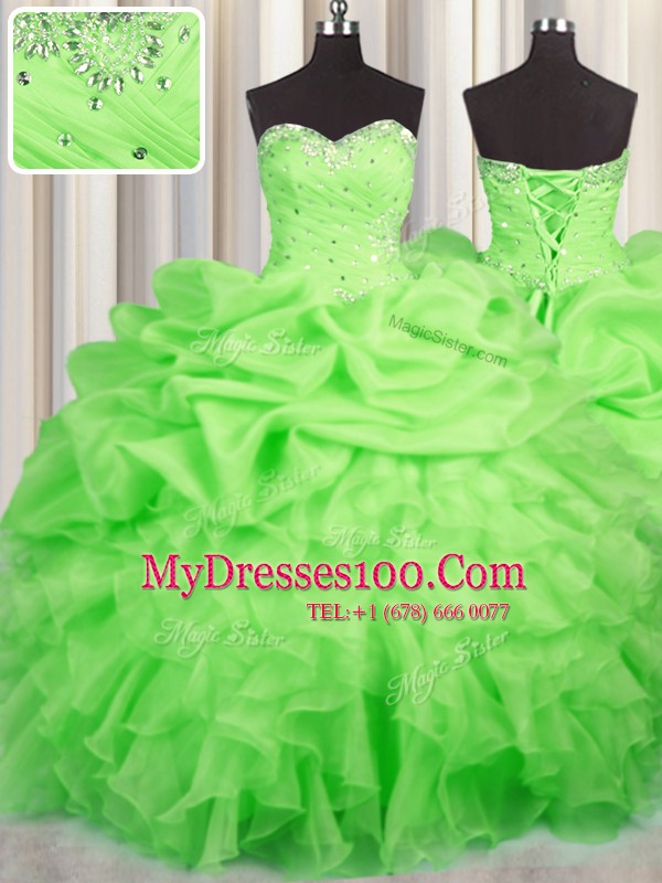 Sleeveless Floor Length Beading and Ruffles and Ruching and Pick Ups Lace Up Sweet 16 Dresses with