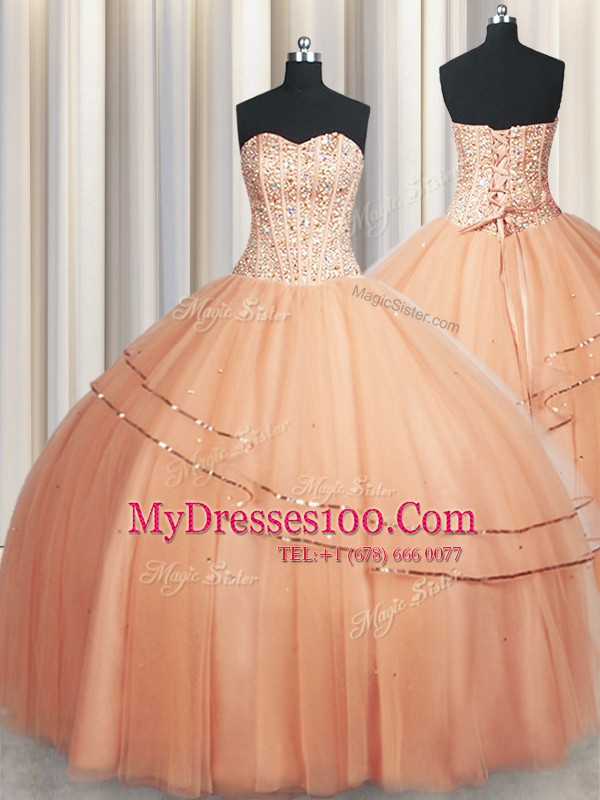 Most Popular Visible Boning Really Puffy Peach Sleeveless Organza Lace Up Vestidos de Quinceanera for Military Ball and Sweet 16 and Quinceanera