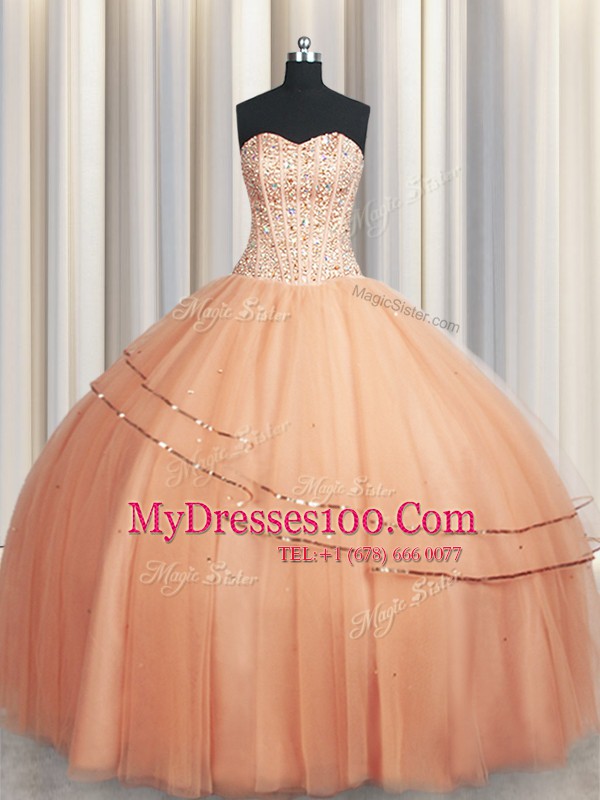 Most Popular Visible Boning Really Puffy Peach Sleeveless Organza Lace Up Vestidos de Quinceanera for Military Ball and Sweet 16 and Quinceanera