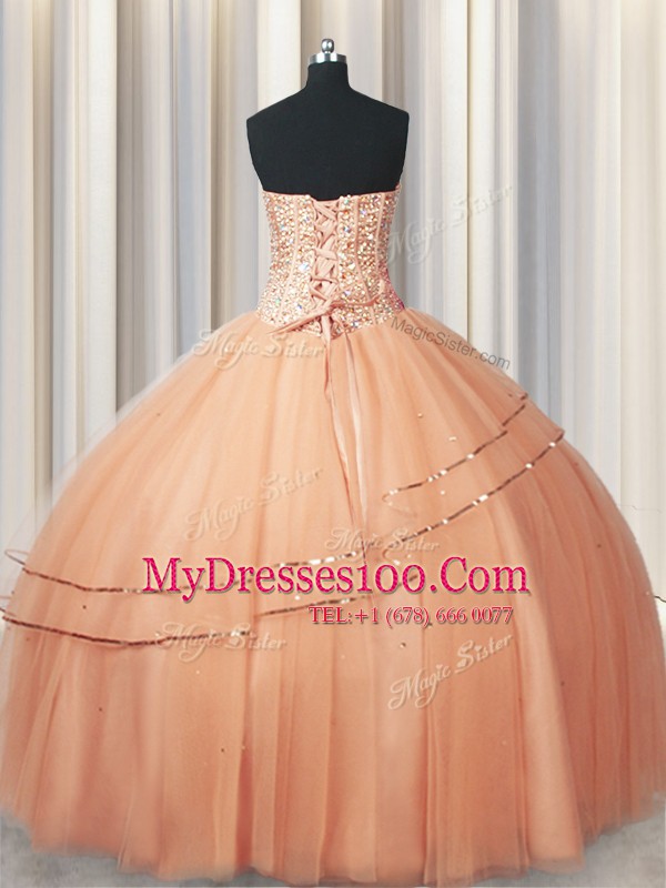 Most Popular Visible Boning Really Puffy Peach Sleeveless Organza Lace Up Vestidos de Quinceanera for Military Ball and Sweet 16 and Quinceanera