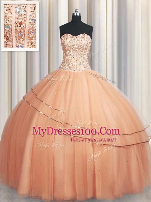 Most Popular Visible Boning Really Puffy Peach Sleeveless Organza Lace Up Vestidos de Quinceanera for Military Ball and Sweet 16 and Quinceanera