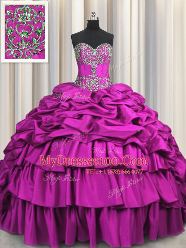Free and Easy Brush Train Fuchsia Sweetheart Neckline Beading and Embroidery and Ruffled Layers and Pick Ups 15th Birthday Dress Sleeveless Lace Up