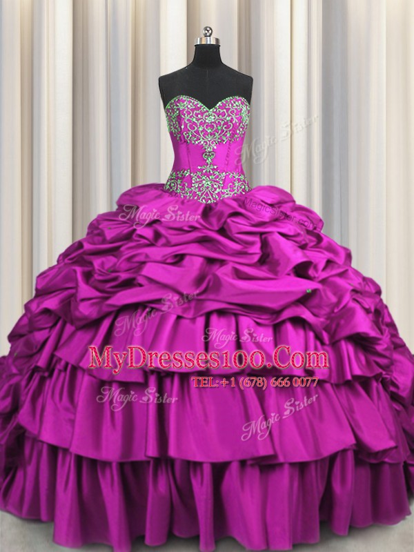 Free and Easy Brush Train Fuchsia Sweetheart Neckline Beading and Embroidery and Ruffled Layers and Pick Ups 15th Birthday Dress Sleeveless Lace Up