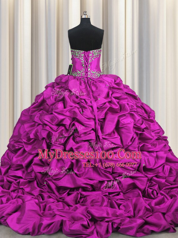 Free and Easy Brush Train Fuchsia Sweetheart Neckline Beading and Embroidery and Ruffled Layers and Pick Ups 15th Birthday Dress Sleeveless Lace Up