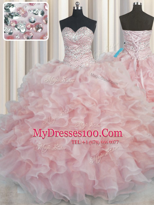 Eye-catching Bling-bling Ball Gowns Ball Gown Prom Dress Pink Sweetheart Organza Sleeveless Floor Length Lace Up