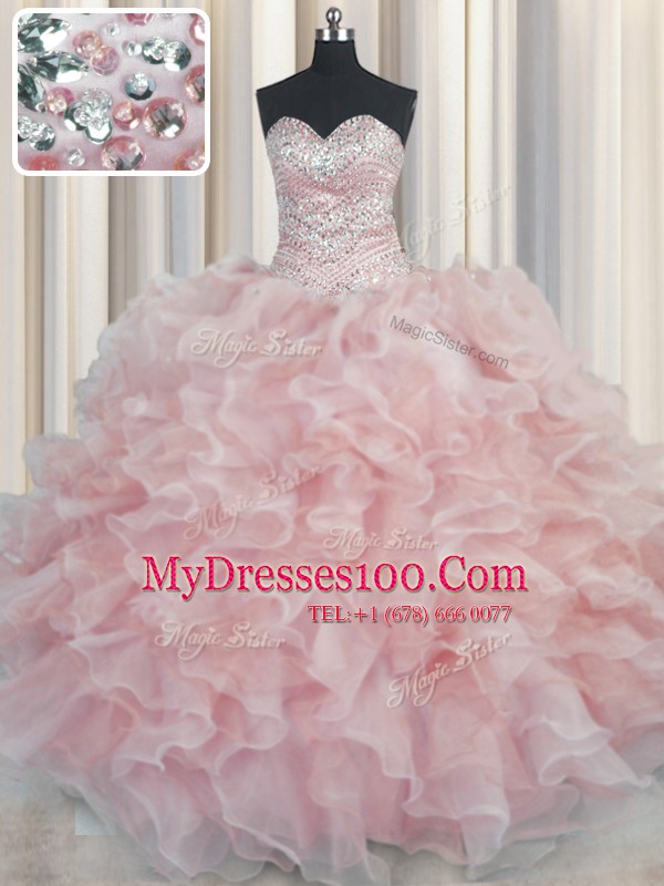 Eye-catching Bling-bling Ball Gowns Ball Gown Prom Dress Pink Sweetheart Organza Sleeveless Floor Length Lace Up