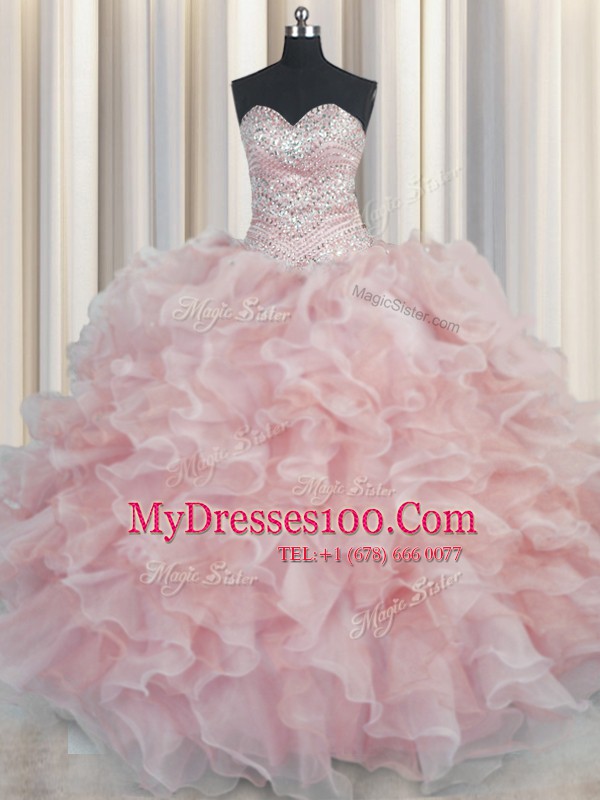 Eye-catching Bling-bling Ball Gowns Ball Gown Prom Dress Pink Sweetheart Organza Sleeveless Floor Length Lace Up