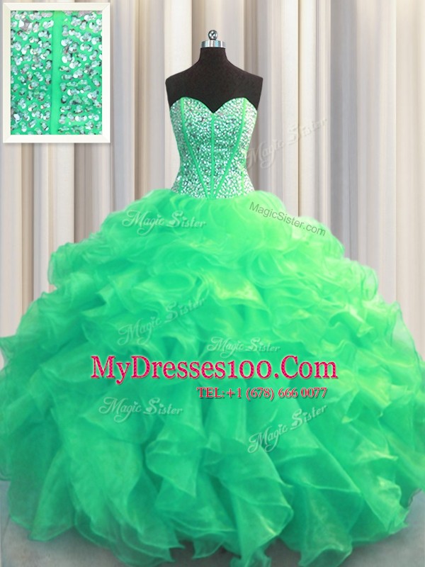 Visible Boning Sleeveless Lace Up Floor Length Beading and Ruffles 15 Quinceanera Dress