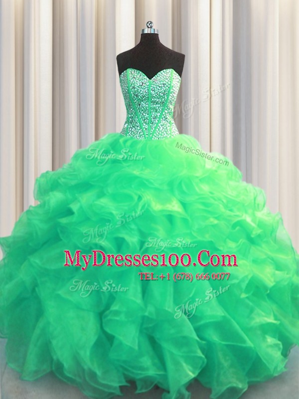 Visible Boning Sleeveless Lace Up Floor Length Beading and Ruffles 15 Quinceanera Dress