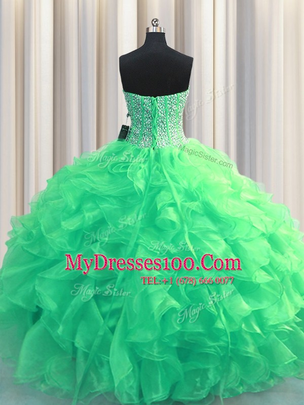 Visible Boning Sleeveless Lace Up Floor Length Beading and Ruffles 15 Quinceanera Dress