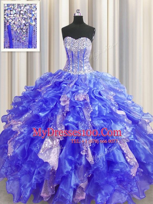 Visible Boning Royal Blue Ball Gowns Beading and Ruffles and Sequins Quinceanera Dresses Lace Up Organza and Sequined Sleeveless Floor Length