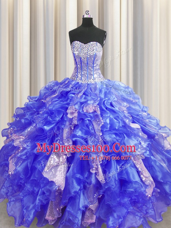 Visible Boning Royal Blue Ball Gowns Beading and Ruffles and Sequins Quinceanera Dresses Lace Up Organza and Sequined Sleeveless Floor Length