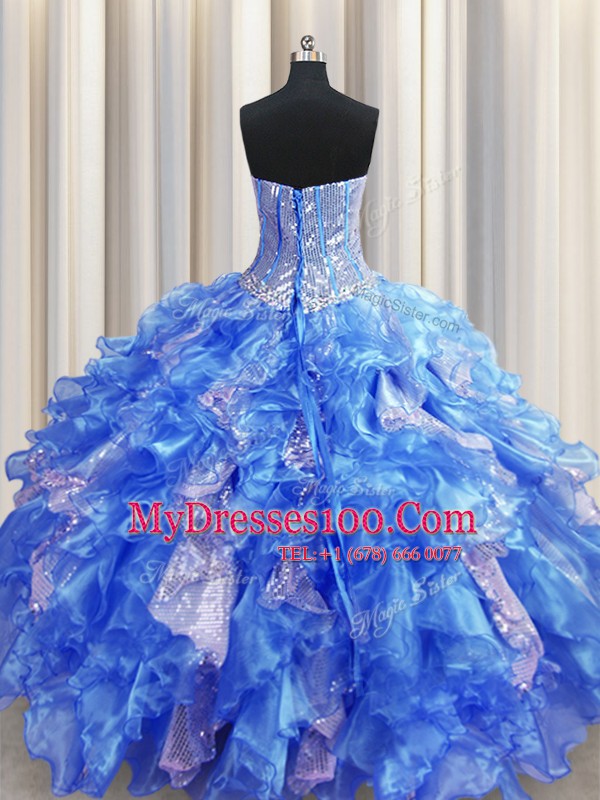 Visible Boning Royal Blue Ball Gowns Beading and Ruffles and Sequins Quinceanera Dresses Lace Up Organza and Sequined Sleeveless Floor Length