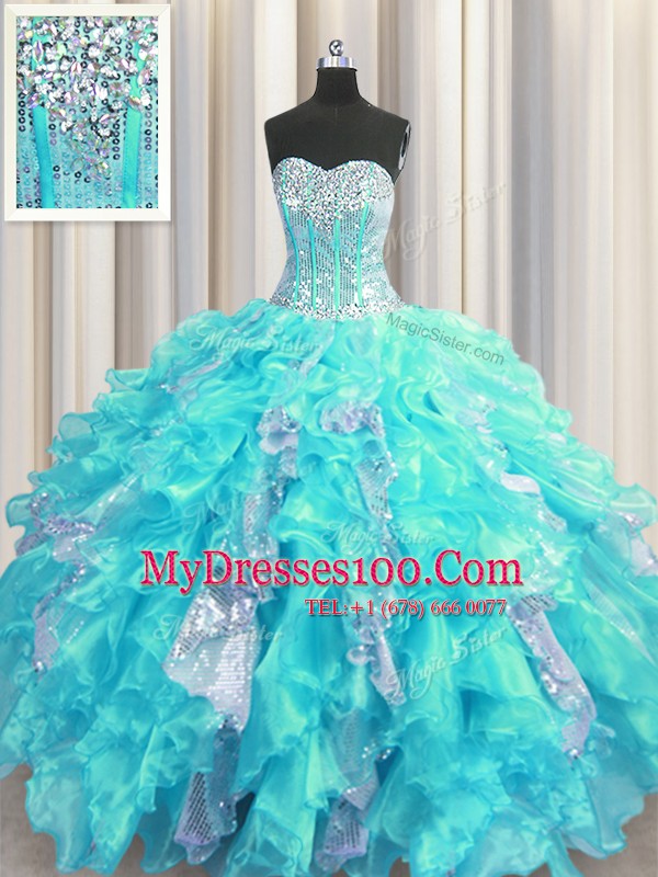 Hot Selling Visible Boning Floor Length Aqua Blue Sweet 16 Dress Organza and Sequined Sleeveless Beading and Ruffles and Sequins