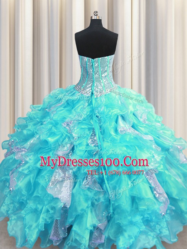Hot Selling Visible Boning Floor Length Aqua Blue Sweet 16 Dress Organza and Sequined Sleeveless Beading and Ruffles and Sequins