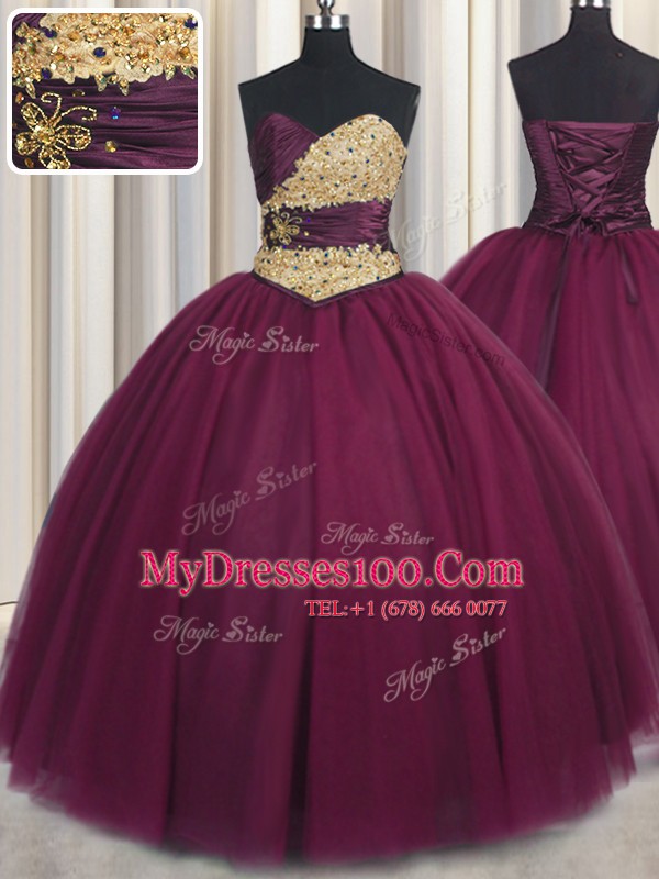 Floor Length Lace Up Quince Ball Gowns Burgundy for Military Ball and Sweet 16 and Quinceanera with Beading and Appliques