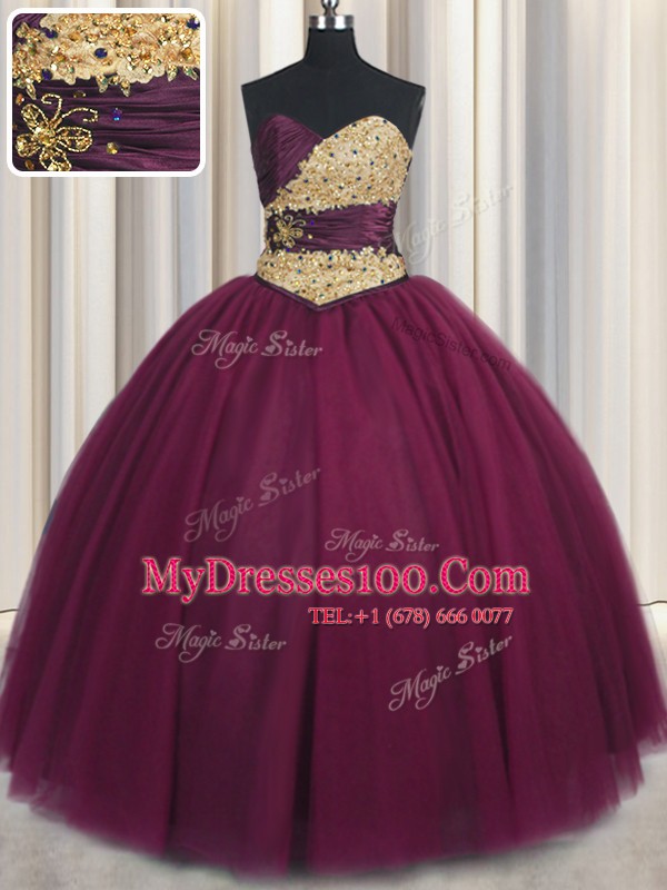 Floor Length Lace Up Quince Ball Gowns Burgundy for Military Ball and Sweet 16 and Quinceanera with Beading and Appliques